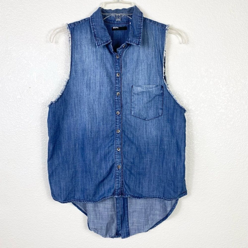 BDG Chambray Denim Distressed Hem Sleeveless Button Up Shirt